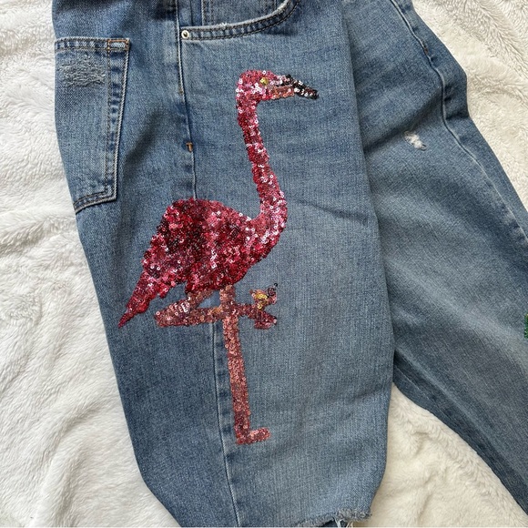 Topshop Flamingo Sequin Moto Mom Jeans Size 30 High Waisted Denim Fun Palm Tree - Picture 9 of 13